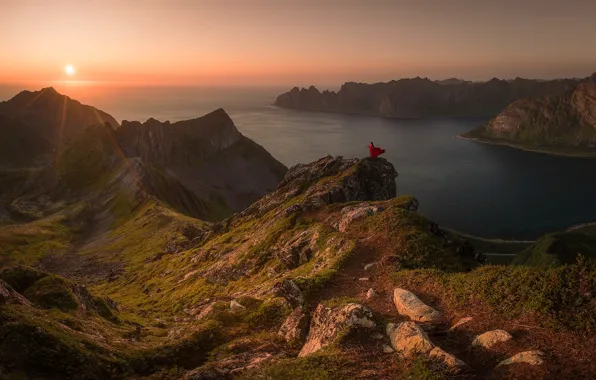 Sea, the sun, rays, mountains, rocks, woman, island, Norway