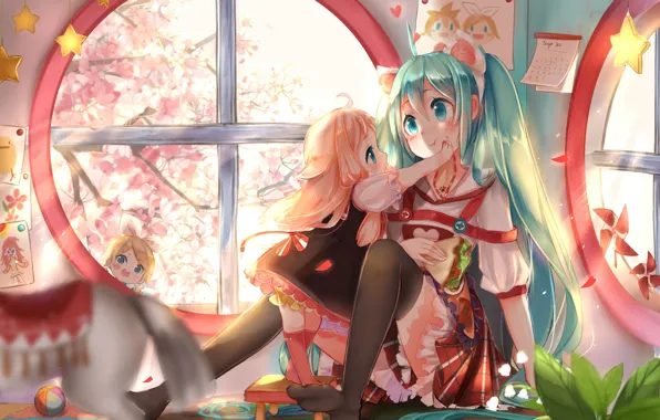 Hatsune miku, happy, Kagamine Rin, flower, green eyes, long hair, dress, nothing