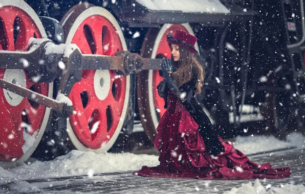 Picture winter, girl, snow, style, the engine, the situation, dress, plea