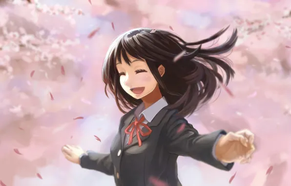 Girl, trees, joy, anime, petals, Sakura, art, schoolgirl