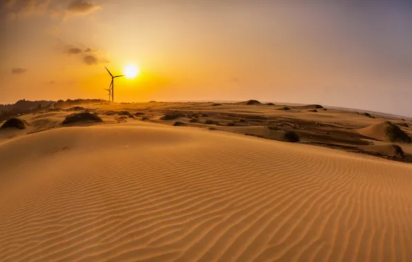 Picture landscape, sunset, desert, windmills