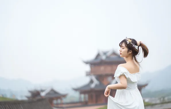 Beautiful, Asian, Model, Cloudy, Woman, Behind, Pretty, Outdoor