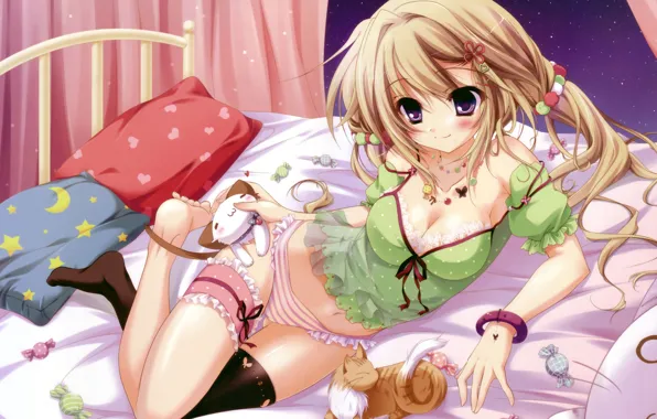 Pillow, anime, candy, blonde, flirting, ruffles, big eyes, ginger kitten