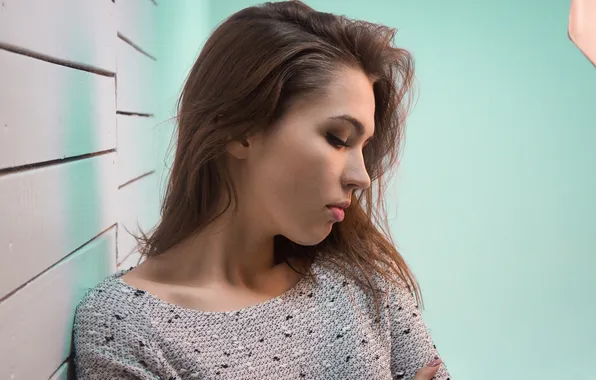 Girl, model, portrait, makeup, hairstyle, brown hair, posing, the wall