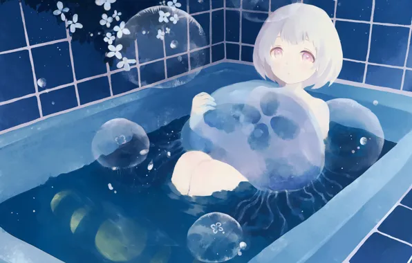 Girl, the moon, fantasy, jellyfish, bath