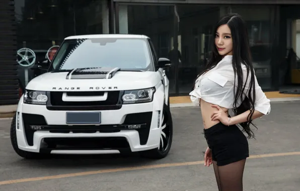 Look, girl, Land Rover, Asian, beautiful girl, showcase, white car