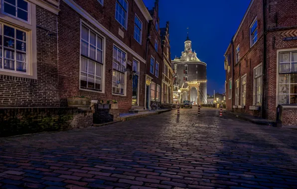 Picture night, lights, street, home, Netherlands, Enkhuizen