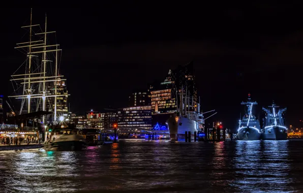 Night, lights, Elba, Hamburg