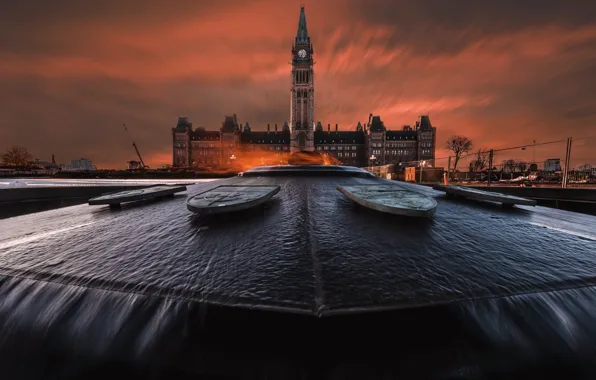 Picture night, the city, Canada, fountain, Ottawa, Peace Tower