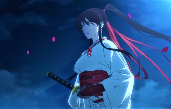 Picture the sky, night, katana, anime, petals, kimono, ponytail, Yamada Asaemon Sagiri