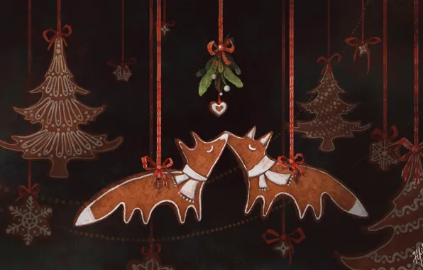 Toys, tree, chanterelles, mistletoe, by Jane Bekarevich