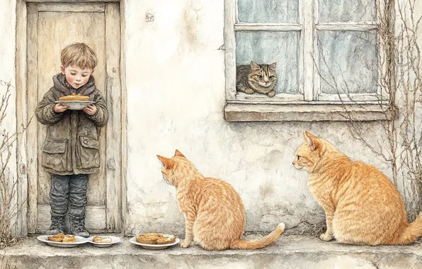 Cats, house, kindness, cats, boy, the door, window, food