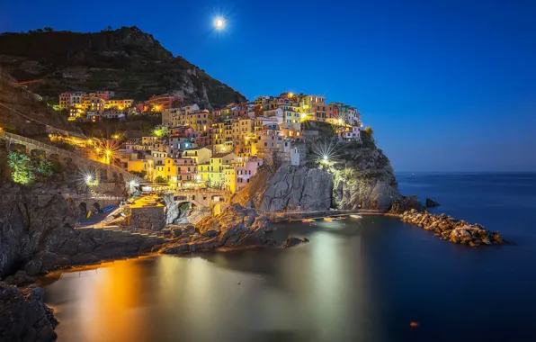 Sea, rock, home, Italy, Manarola, Liguria