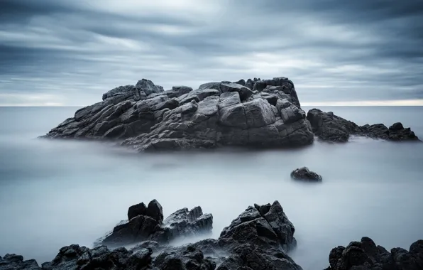 Picture sea, the sky, clouds, stones, rocks, shore, cool colors