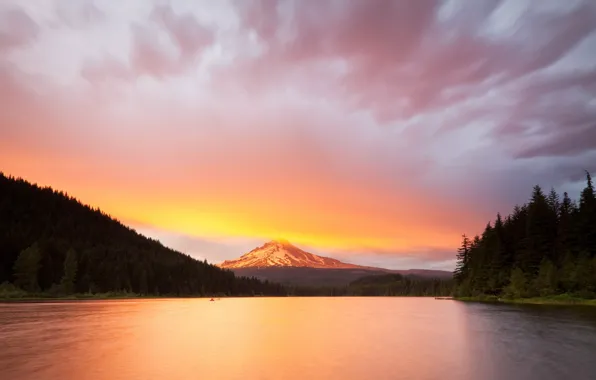 Clouds, sunset, mountains, Lake