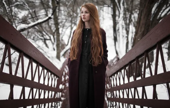 Picture bridge, redhead, coat, Andrey Frolov