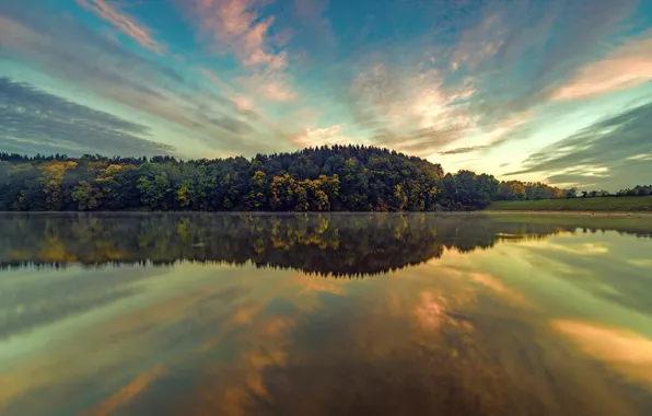 Autumn, forest, sunset, lake, reflection, Germany, Bayern, Germany