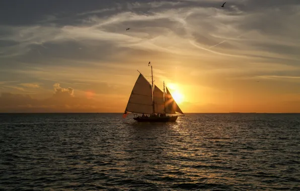 Sea, sunset, ship, sailboat, the evening, walk, swimming, sea romance