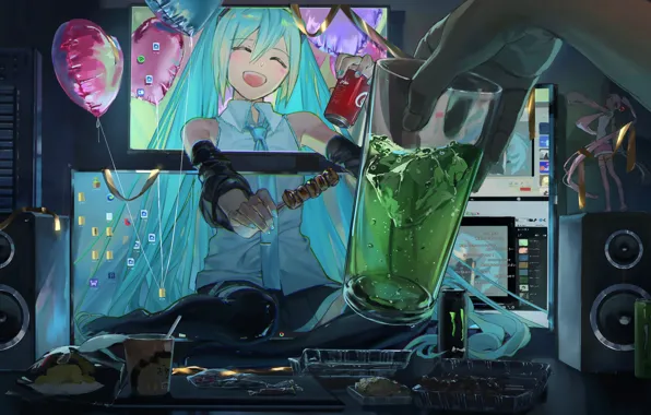 Computer, balloons, speakers, tie, monitor, drink, vocaloid, Hatsune Miku