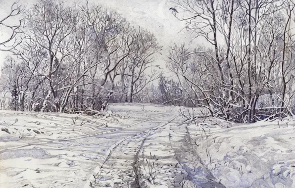 Trees, Winter, winter forest, winter road, winter afternoon, penart, malyshev roman, creativity of the pen
