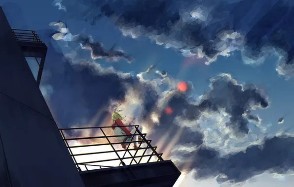 Picture the sky, girl, clouds, sunset, art, vocaloid, sitting, kagamine rin