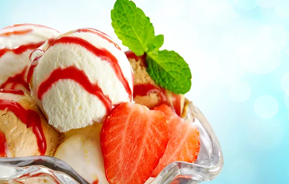 Balls, strawberry, ice cream, mint, dessert, sweet, ice cream