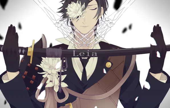 Picture katana, meditation, tie, gloves, military uniform, chrysanthemum, closed eyes, Touken Ranbu