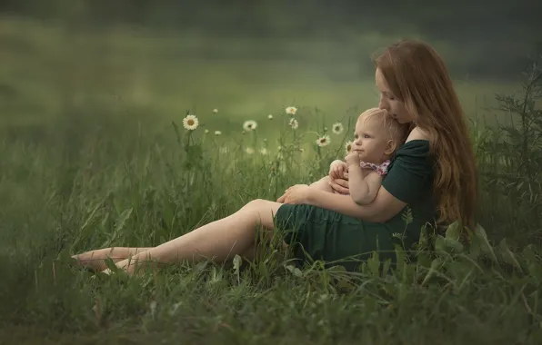 Summer, grass, flowers, nature, woman, chamomile, baby, mom