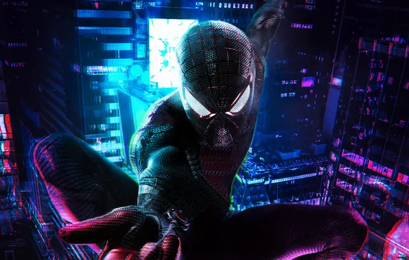 Skyscrapers, neon, mask, night city, gesture, marvel, Spiderman, Fanart