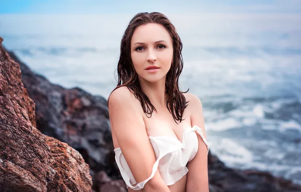 Sea, chest, look, girl, nature, face, rocks, shore