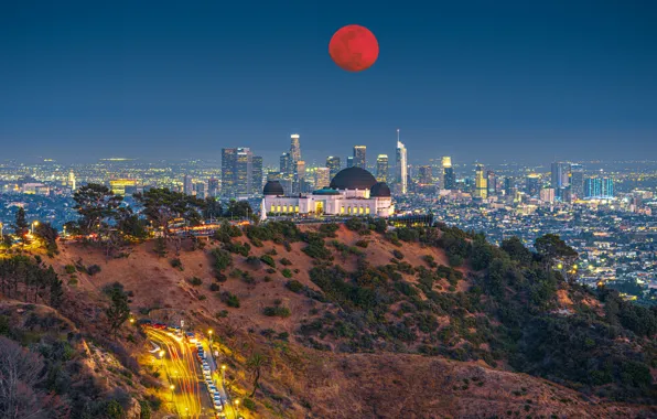 Road, the sky, night, the moon, view, home, skyscrapers, CA
