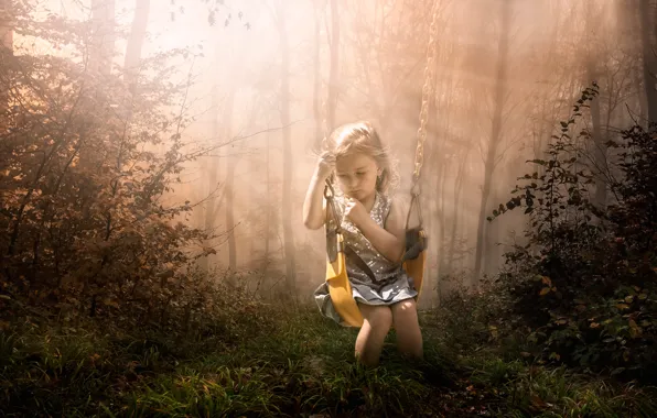 Sadness, forest, swing, art, girl