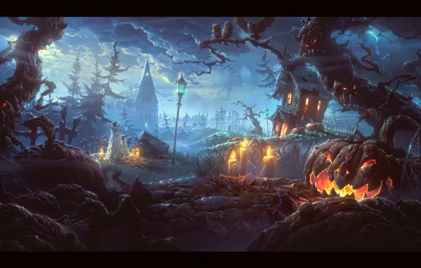 Picture the storm, trees, monster, candles, Halloween, pumpkin