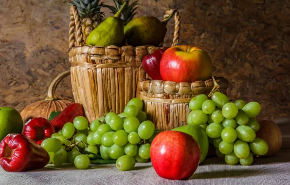 Apples, grapes, fruit, still life, pear, flowers, autumn, fruit