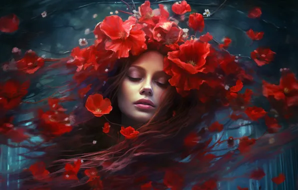 Girl, flowers, face, image, digital art, AI art, The Art of Artificial Intelligence, neural network