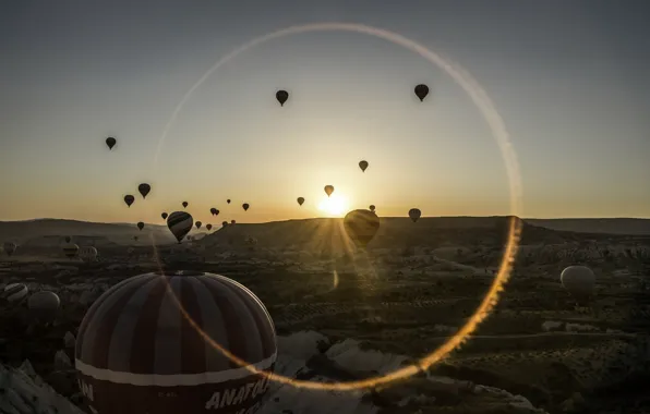 Landscape, sunset, balloons, desert