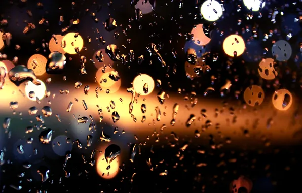 Picture glass, drops, night, lights, rain, bokeh