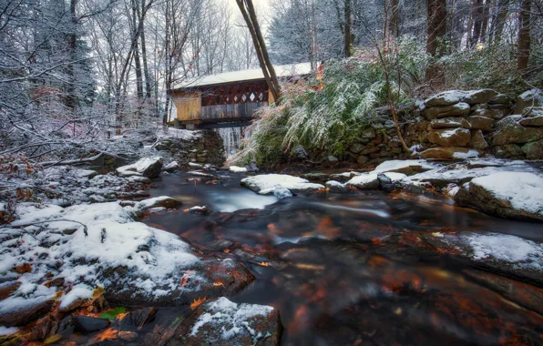 Picture autumn, snow, trees, bridge, river, New Hampshire, NH, Guildford