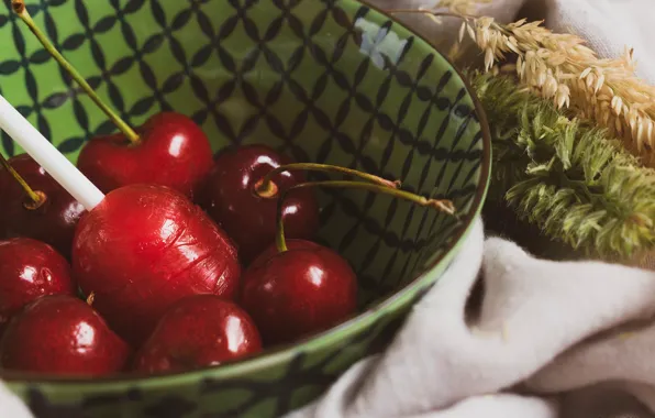 Cherry, berries, spikelets, red, fabric, bowl, candy, cherry