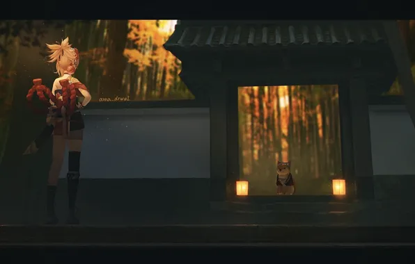Forest, dog, gate, temple, Genshin Impact, Yoimiya