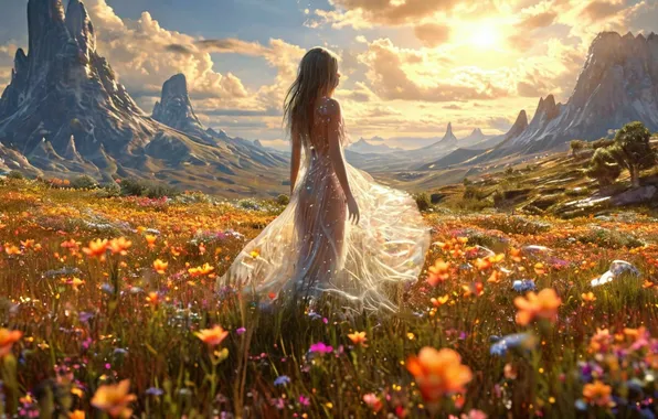 Clouds, flowers, mountains, valley, horizon, digital art, digital art, girl in a dress