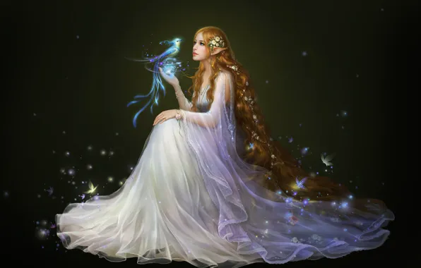 Fantasy, anime, art, elf, bird