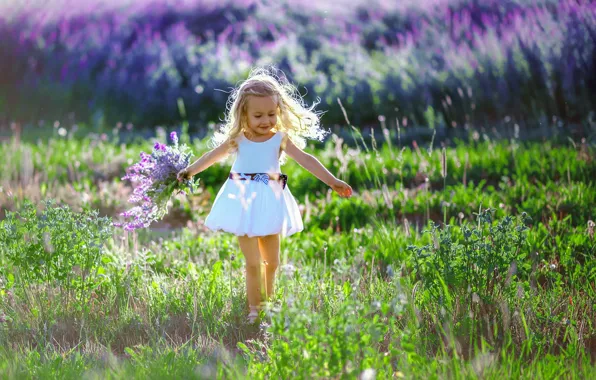 Picture girl, child, bouquet, nature, lavender, Anna Sapegina, field, grass