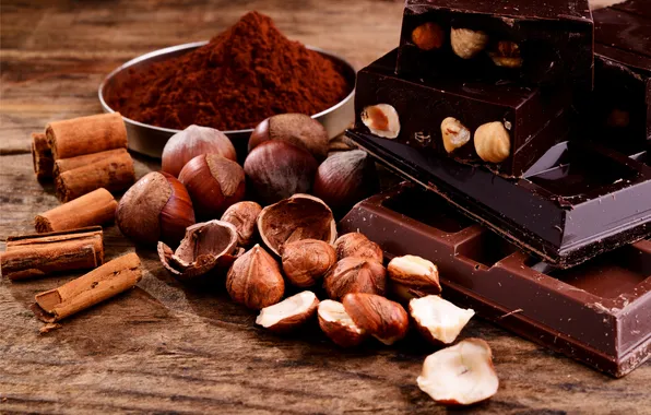 Tile, chocolate, sweets, nuts, cinnamon, chocolate, hazelnuts, cocoa