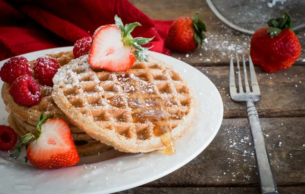 Strawberry, cream, dessert, waffles