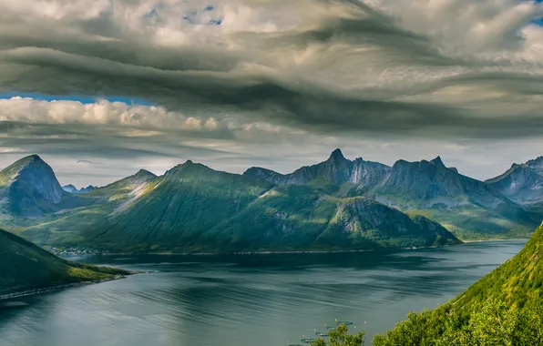 The sky, clouds, landscape, mountains, lake, Norway