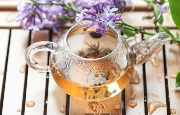 Picture flowers, tea, branch, kettle, lilac, tray