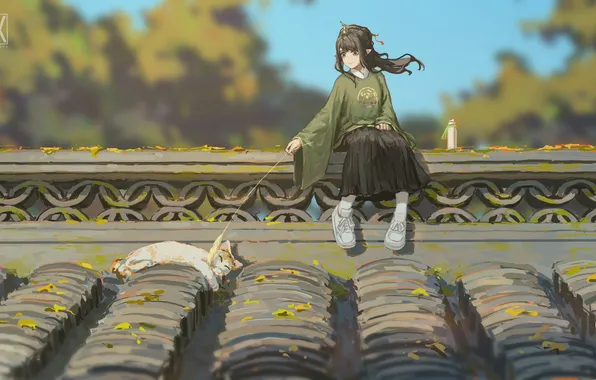 Roof, cat, cat, girl, elf