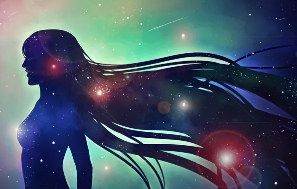 Picture girl, space, stars, silhouette, profile, long hair