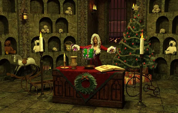 Girl, Christmas, skull, witch